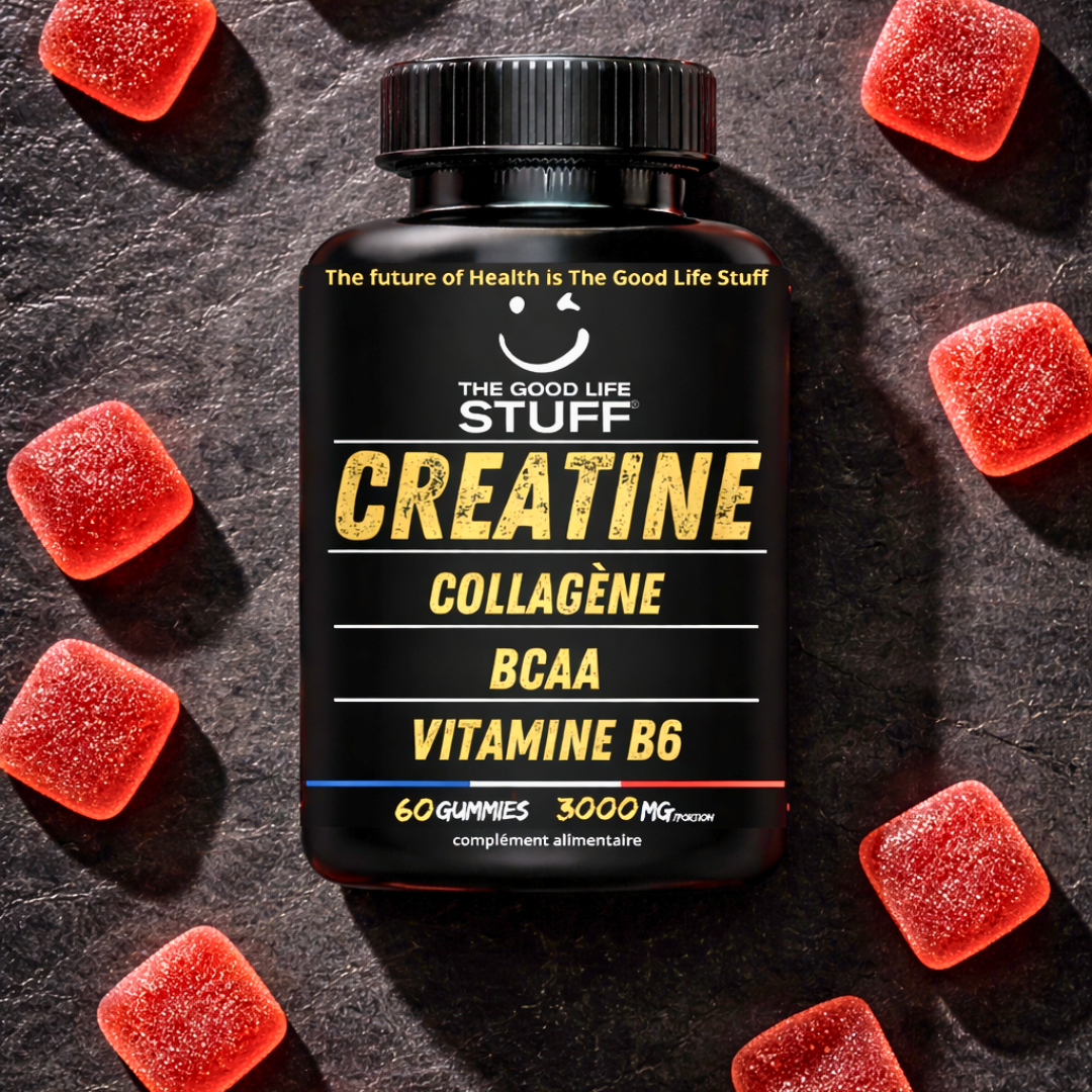 Black supplement bottle labeled 'The Good Life Stuff' with red gummy supplements on a dark surface