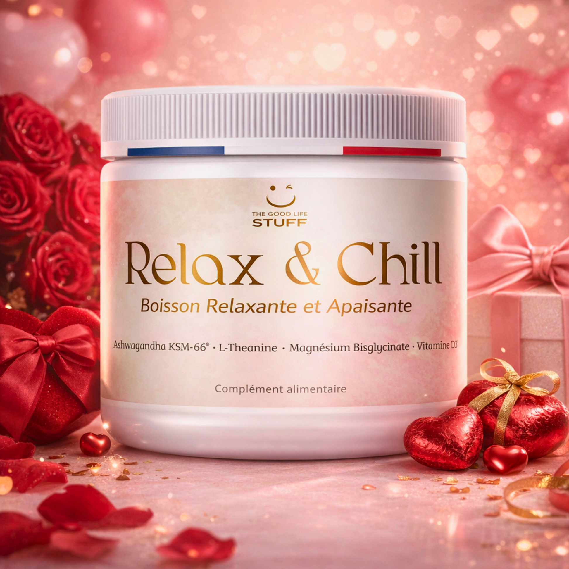 Jar of 'Relax & Chill' product with decorative elements on a pink background