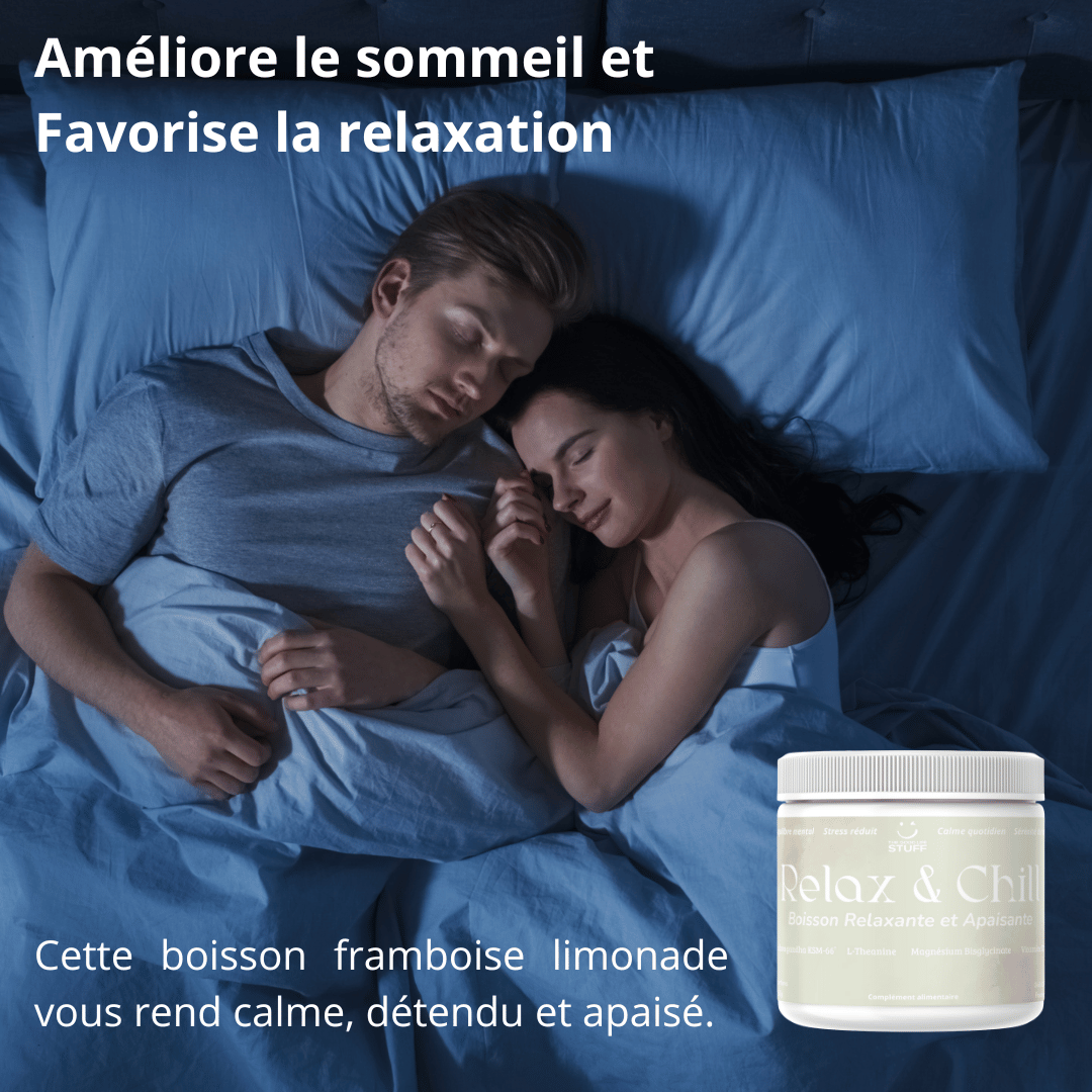 Couple sleeping in bed with a jar of 'Relax & Chill' drink on a blue background