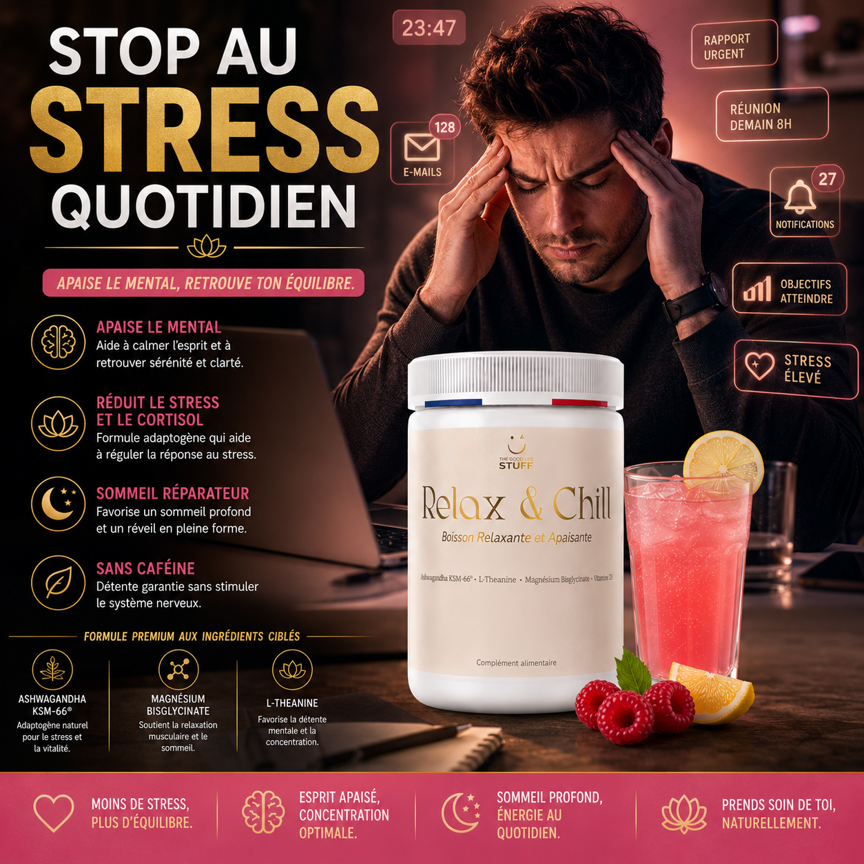 Boisson Ashwagandha LTheanine Magnesium Vitamine D3