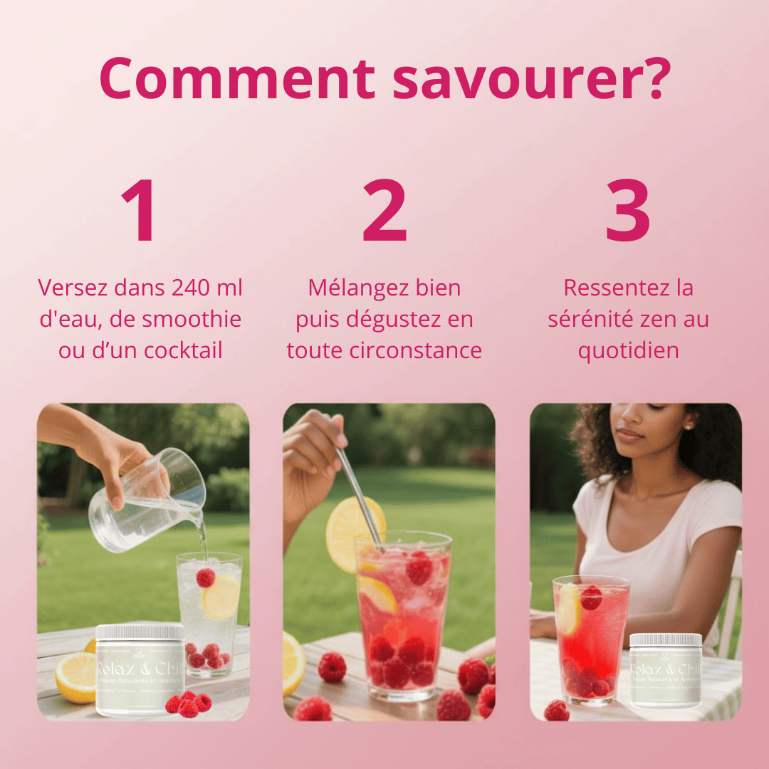 Instructions for enjoying a drink with images of pouring, mixing, and drinking on a pink background.