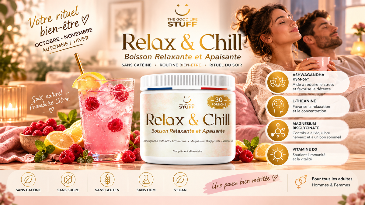 Boisson rose glacée à la framboise et au citron, avec un rendu gourmand.
Ambiance luxe d’octobre-novembre à la maison, tons rose poudrée, crème et or.
ashwagandha KSM-66®, L-théanine, magnésium bisglycinate et vitamine D3.
Public adulte, hommes et femmes.