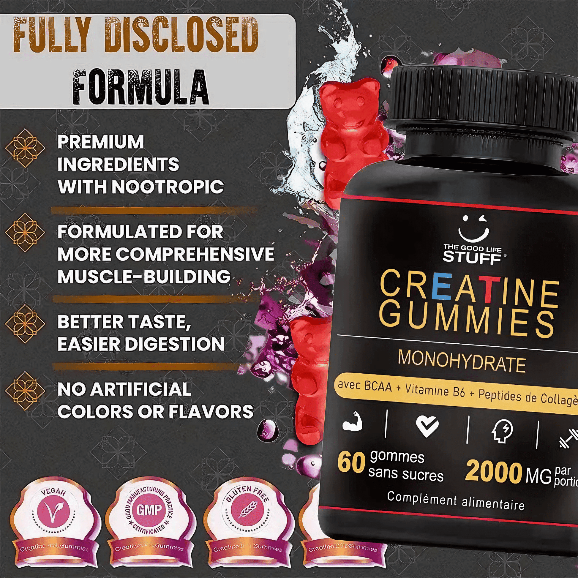 ✨💪Creatine Monohydrate Gummies BCAA Collagen Vitamin / Women Men / Vegan / Sugar-free / Gluten-free / Non-GMO⚡️🍬/  The Good Life Stuff buy it on Amazon