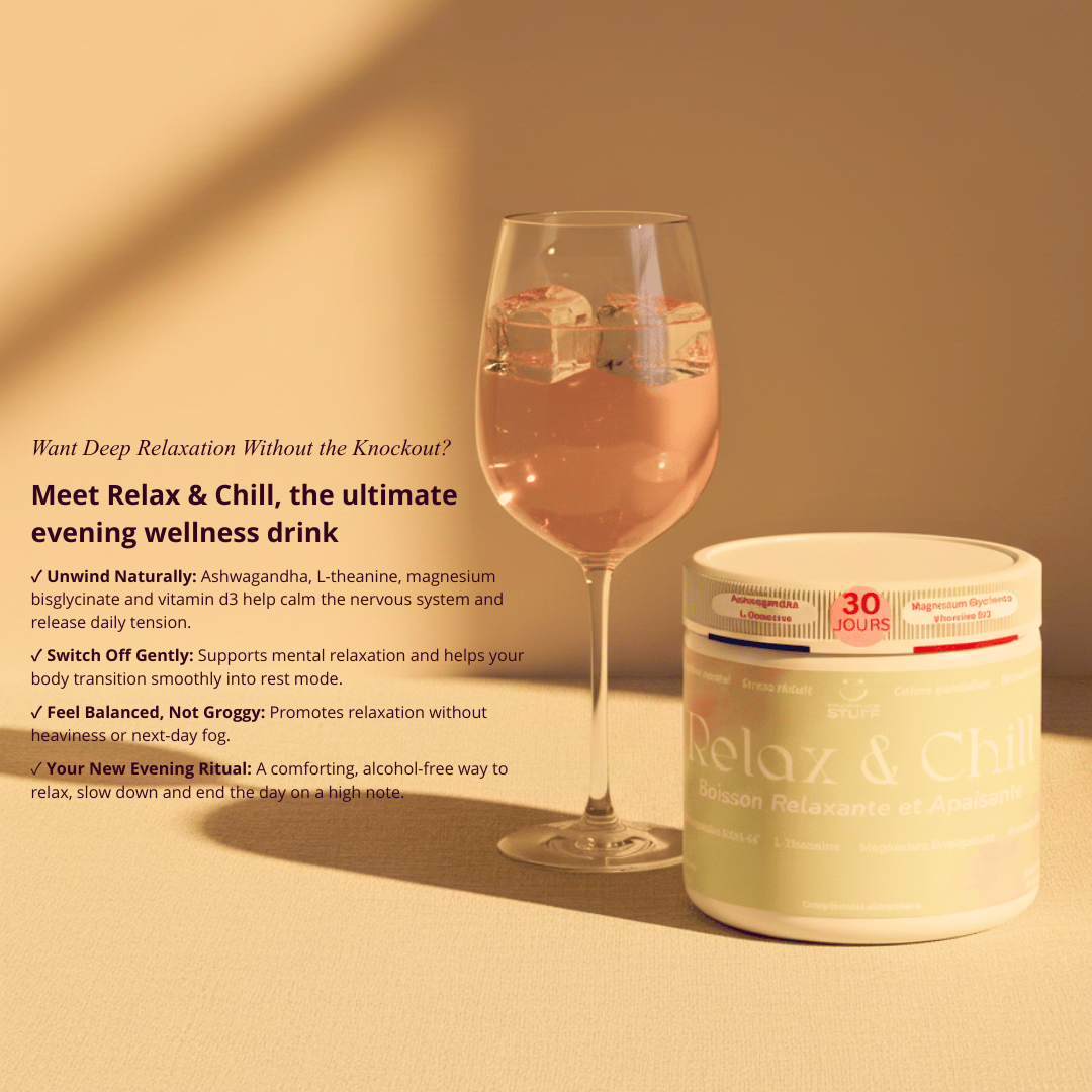 Relax & Chill wellness drink container with a glass of pink drink on a beige background