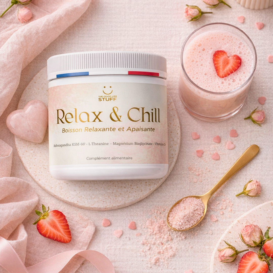 Container labeled 'Relax & Chill' with a glass of pink drink and strawberry on a light background