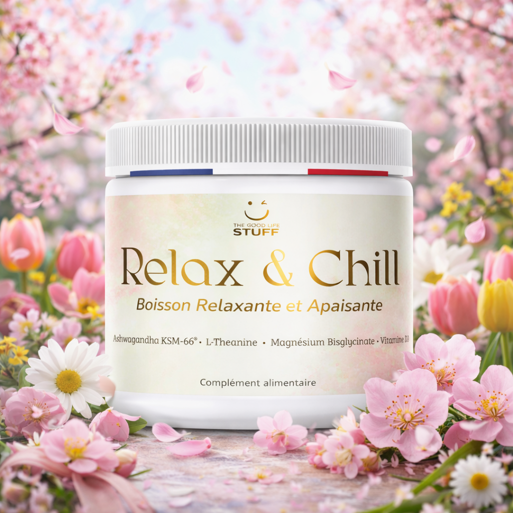 Relax & Chill Boisson Relaxation Anti-Stress/Ashwagandha KSM-66, L theanine, Magnesium Bisglycinate & Vitamine D/Baisse Cortisol & Stress, Améliore Détente et Qualité du Sommeil/Sans Cafeine ni Sucre