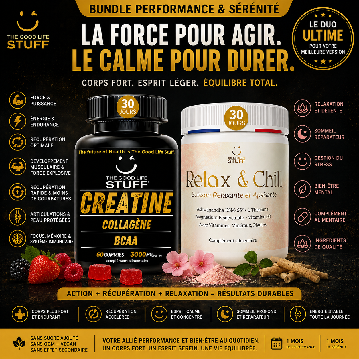 Product advertisement for 'The Good Life Stuff' creatine and 'Relax & Chill' supplement with text and graphics on a dark background.