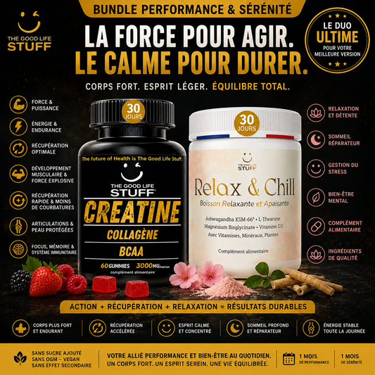 Product advertisement for 'The Good Life Stuff' creatine and 'Relax & Chill' supplement with text and graphics on a dark background.