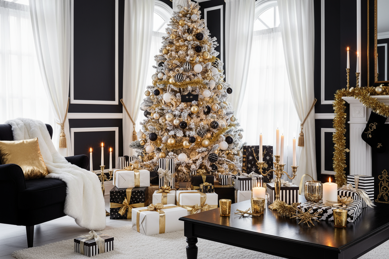 cadeaux de noel et ambiance de noel en noir blanc et or