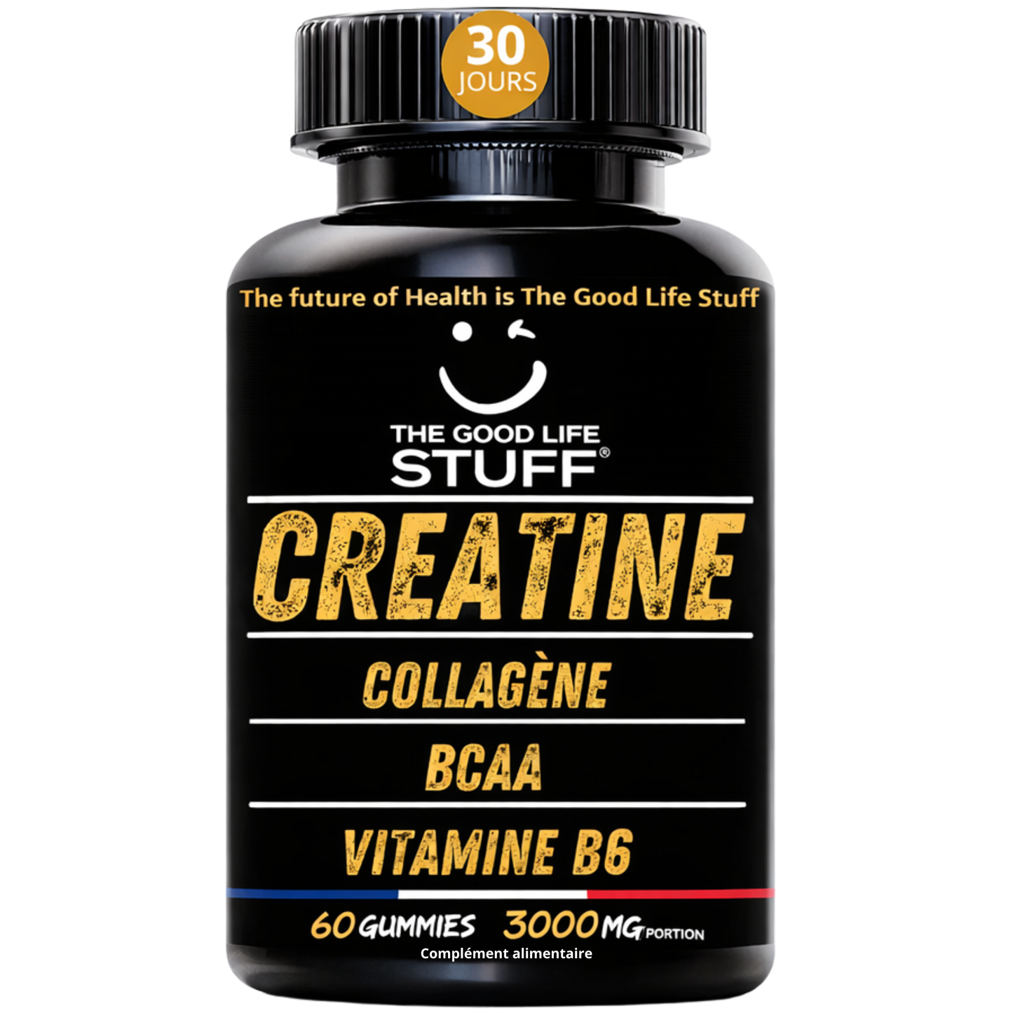 Supplement bottle labeled 'The Good Life Stuff' with ingredients listed on a white background