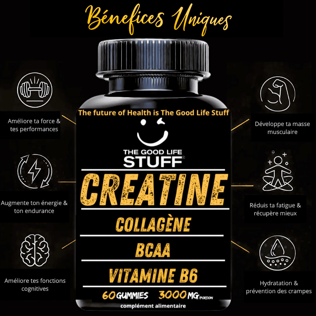 Bottle of 'The Good Life Stuff' gummies with health benefits on a black background